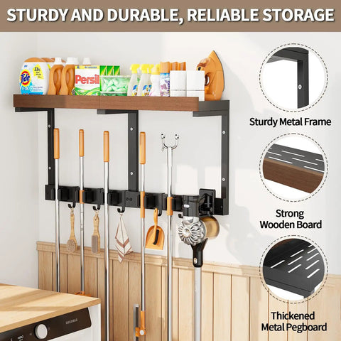Space Saving Wall Mount Broom Holder With Cleaning Supplies Organizer, Mop Rack, Vacuum Organizer And Shelf, installed in home