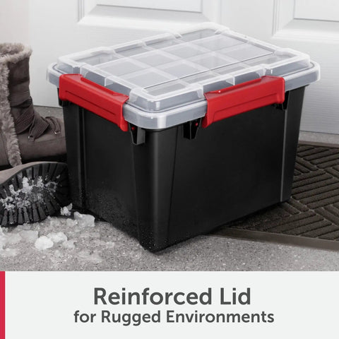 Six Pack Five Gallon Waterproof Storage Totes IP68 Submersible Plastic Bins With Airtight Silicone Seals, black bin with reinforced lid.