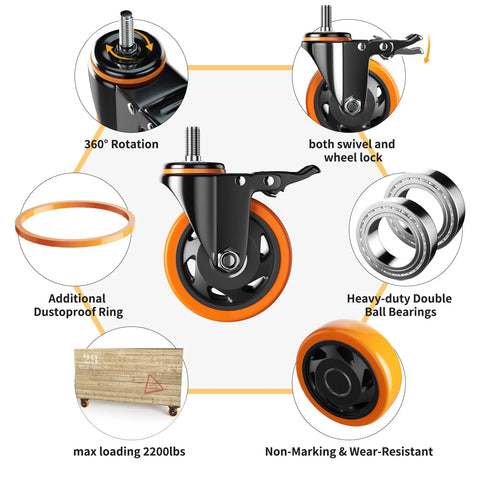 4 Inch Heavy Duty Caster Wheels Set Of 4 With Threaded Stem Half Inch Screw Diameter And One Inch Stem Length Each Caster Supports 500 Lbs diagram