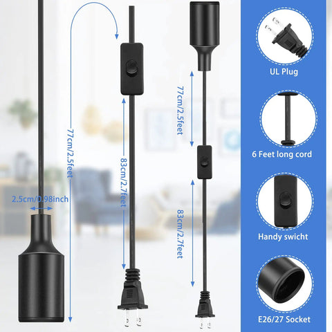 Image of Ten Pack Hanging Light Cord With Switch for E26 E27 Pendant Socket Lantern Black 6 Foot Lamp Extension Cord Kit