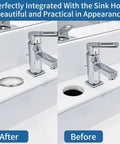 Heavy Duty 2 Inch Sink Hole Cover Featuring A Tight Leak Proof Seal For Kitchen And Bathroom Faucets shown before and after installation.
