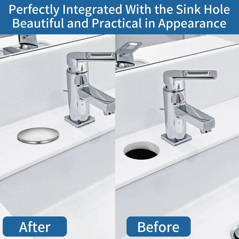 Heavy Duty 2 Inch Sink Hole Cover Featuring A Tight Leak Proof Seal For Kitchen And Bathroom Faucets shown before and after installation.