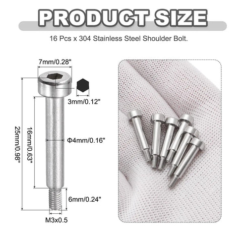 16 Pack 304 Stainless Steel Built To Last Shoulder Bolts With 4mm Shoulder Diameter And 16mm Length M3x0.5 Thread Hex Socket