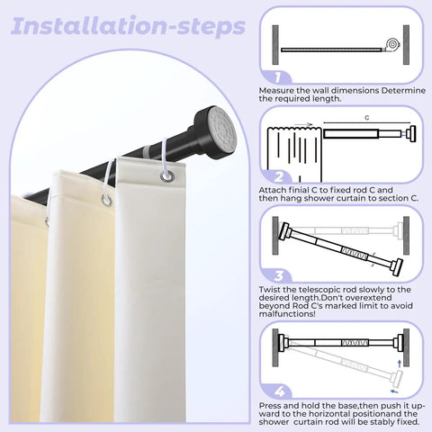 Installation steps for Heavy Duty Adjustable Tension Shower Curtain Rod 18 to 49 Inches No Drill No Slip Easy Install Matte Black Finish
