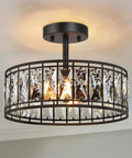 Semi Flush Mount Ceiling Light With Clear Glass Drum Shade, Rustic Farmhouse Fixture With Faux Wood Finish Ring in room view