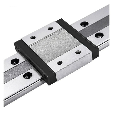 Close-up of heavy-duty hardened steel carriage block on precision linear rail kit for 100 to 570mm CNC and 3D printer builds.