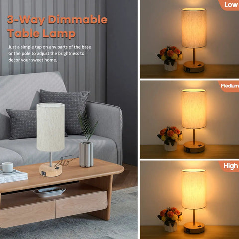 Table Lamps Set Of 2 With Touch Control, 2 USB Ports And AC Outlet, 3-Way Dimmable Bedside Lamps With Flaxen Fabric Shade