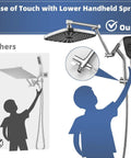 10 Inch High Pressure Rain Shower Head With Handheld Combo, showing ease of use with accessible lower handheld spray in chrome.