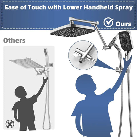 10 Inch High Pressure Rain Shower Head With Handheld Combo, showing ease of use with accessible lower handheld spray in chrome.