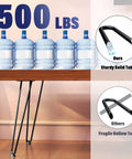 Hairpin Table Legs 18 Inch Set Of 4 Solid Steel Heavy Duty Black showing 500 lbs load support with water bottles on wooden surface