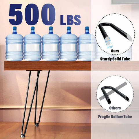 22 Inch Hairpin Table Legs Set Of 4 Heavy Duty Black Metal Furniture Legs For DIY Projects Built To Last Up To 500 Lbs Load Capacity Sleek Modern Design Perfect For Coffee Tables Desks Nightstands demonstrating durability with heavy water jugs