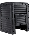 80 Gallon Outdoor Compost Bin With BPA Free Material Easy Assemble Large Capacity Garden Compost Box Fast 6 To 8 Week Fertile Soil Creation Lightweight Black, showing angled view with open lid and side access panel