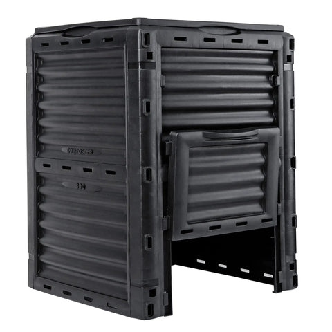 80 Gallon Outdoor Compost Bin With BPA Free Material Easy Assemble Large Capacity Garden Compost Box Fast 6 To 8 Week Fertile Soil Creation Lightweight Black, showing angled view with open lid and side access panel