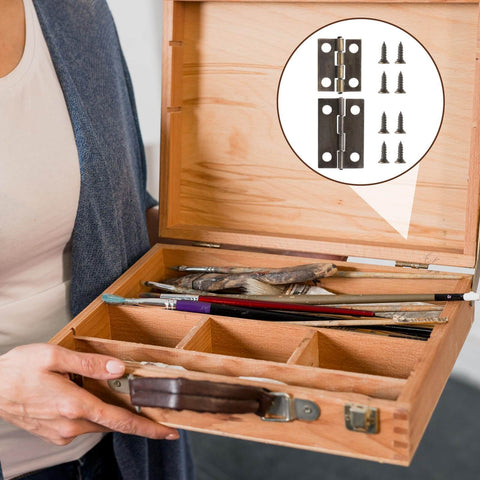 Small Stainless Steel Hinges Set For Cabinets And Wooden Boxes 30 Pcs Retro Decorative Folding Butt Hinges shown with screws in art box