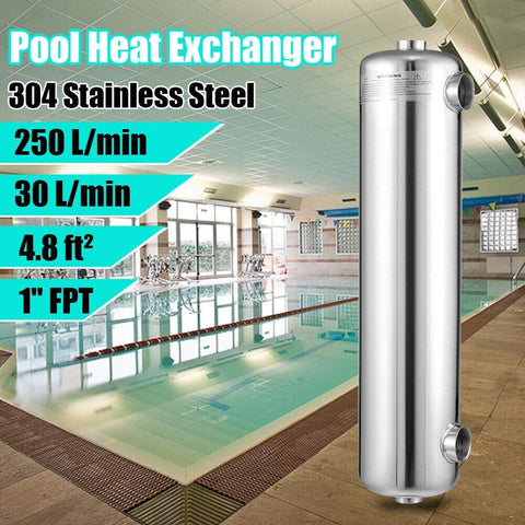 Pool Heat Exchanger Inline For Pools And Spas Stainless Steel Shell And Tube Heater KBtu Per Hour Hydronic Heating Solution Hot Tub Snow Melting One Half Inch NPT Same Side Ports