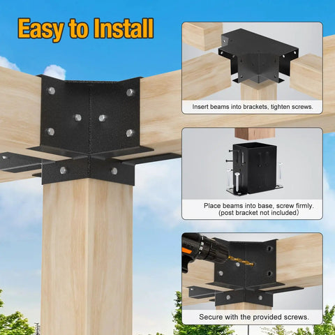 4 Way Pergola Brackets Kit Heavy Duty 4x4 Wood Corner Brackets with Screws, installation guide with lumber and drill.