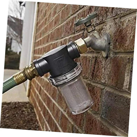 Heavy Duty Inline Water Sediment Filter for Garden Hose or Car Wash Rig with Quick Connect Fitting mounted on a wall faucet.