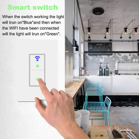 Hand operating WiFi Smart Double Light Switch 3-Way That Plays Nice With Alexa and Google Home, wall-mounted in a modern kitchen