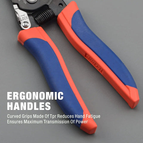 Beast Of A Wire Stripper And Cutter For 10 To 20 AWG with ergonomic red and blue handles on a gray background.
