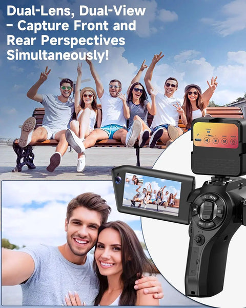 Dual-lens camcorder with a flip screen, showing dual-view recording feature on 8K Ultra HD Video Camcorder For YouTube And Live Streaming