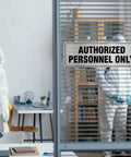 Aluminum Door Sign 9x3 Inches Self Adhesive Waterproof Office Sign For Authorized Personnel Only displayed on glass door