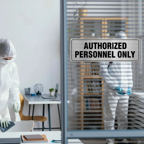 Aluminum Door Sign 9x3 Inches Self Adhesive Waterproof Office Sign For Authorized Personnel Only displayed on glass door