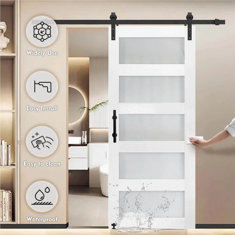 Dope Double Glass MDF Barn Doors Set 18 Inch By 84 Inch With 6.6 Ft Hardware Kit And Five Tempered Frosted Glass Panels installed