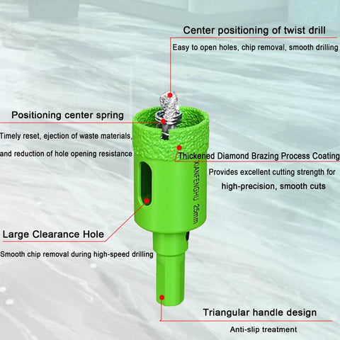Colorful Five Piece Diamond Hole Saw Set With Spring Pilot Bit For Ceramic Porcelain Tile Marble Granite Brick Wall Dry Brazing Diamond Drill Bits 5/8 To 1-3/8 Inch Color Coded with green drill bit highlighted against a tiled floor
