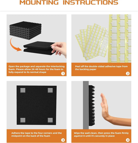 Mounting instructions for Badass Acoustic Foam Wall Panels Sound Absorbing Wedge Cut Studio Treatment Noise Dampening setup.