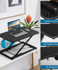Height Adjustable Standing Desk Converter With 23.6 Inch Work Surface ergonomic sit stand riser showing laptop and features
