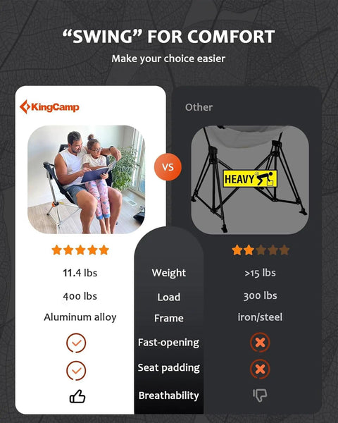 Comparison of hammock chair with footrest for adults up to 400 lbs versus another model showing weight, frame, and features.
