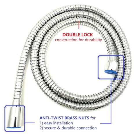 Coiled hose with anti-twist brass nuts, double lock, showcasing Next Level 5 Inch Anti Clog High Pressure 3 Way Large Dual Shower Head