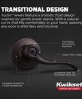 Interior Privacy Door Lever With Lock For Bedroom Or Bath, Reversible Metal Handle In Venetian Bronze With Microban Protection, highlighting transitional design features and Kwikset logo.