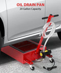 Heavy Duty 20 Gallon Oil Drain Pan With Electric Pump For Cars Trucks And Rvs, Low Profile Fluid Extractor, 110V Motor, 8 Foot Hose, Swivel Wheels, Collapsible Handle, Fast Oil Change Tool For Home Garage Or Shop under a car, showcasing its 20-gallon capacity and electric pump.