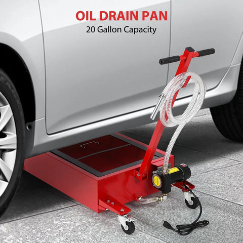 Heavy Duty 20 Gallon Oil Drain Pan With Electric Pump For Cars Trucks And Rvs, Low Profile Fluid Extractor, 110V Motor, 8 Foot Hose, Swivel Wheels, Collapsible Handle, Fast Oil Change Tool For Home Garage Or Shop under a car, showcasing its 20-gallon capacity and electric pump.