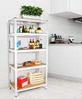 Badass Five Tier Laminated White Metal Shelving Unit For Tight Garages And Basements Holds Everything You Own No Mess Just Clean Storage That Stays Fully Adjustable For Your Warehouse And Pantry Needs. Five tier shelving unit with food and storage items in a kitchen.