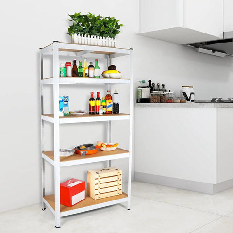 Badass Five Tier Laminated White Metal Shelving Unit For Tight Garages And Basements Holds Everything You Own No Mess Just Clean Storage That Stays Fully Adjustable For Your Warehouse And Pantry Needs. Five tier shelving unit with food and storage items in a kitchen.