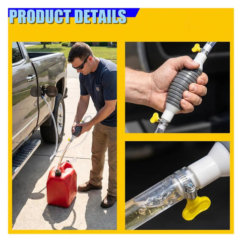 No Sweat Manual Car Fluid Siphon Pump with flexible tubing and heavy duty bulb used for fuel transfer from car to container.