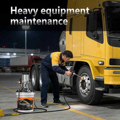 Heavy Duty Pneumatic Grease Pump For Industrial Lubrication in use on truck wheel, focus on bucket-type gun and 19.6 ft hose