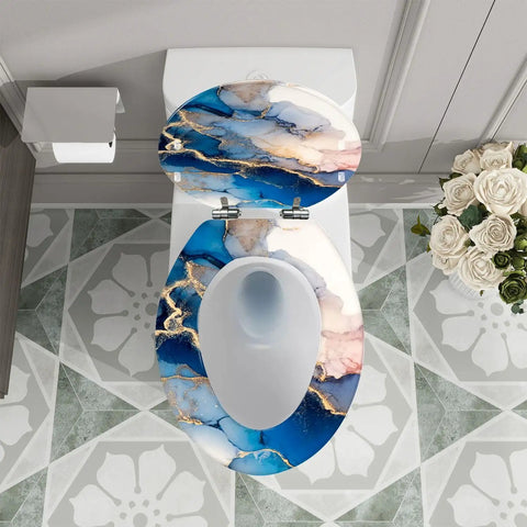 Elongated Decorative Toilet Seat for Bathroom with blue and gold marble design, fitting standard toilets, top view.