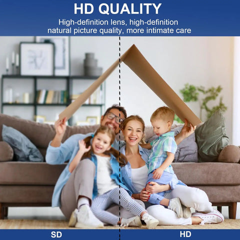 Family sitting under cardboard roof demonstrating HD quality difference, highlighted with clear HD side and blurry SD side of living room.
