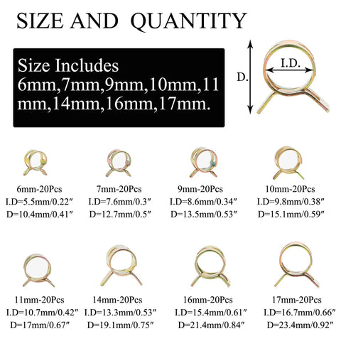 160Pcs Spring Band Hose Clamps Kit for Auto Repair, shown with 8 size options, 6mm-17mm.