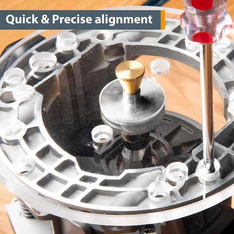 Close-up of Six Point Five Inch Router Base Plate with Ten Piece Template Guide Bushing Set and Centering Pin, universal plate.