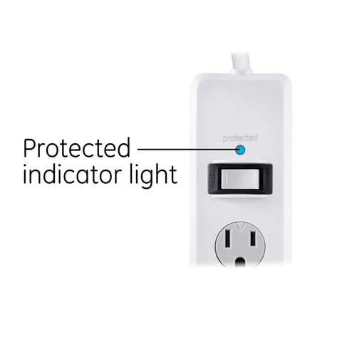 Close-up of Must-Have Six-Outlet Surge Protector Power Strip 2 Pack With 20 Ft Extension Cord 800 Joules showing protected indicator light.