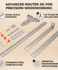 Rock Solid Router Milling Bracket With Adjustable Circle Cutting Jig And Straight Edge Guide Top Shelf Stainless Steel Woodworking Fixture for cabinet crews includes dual-scale markings and parts.