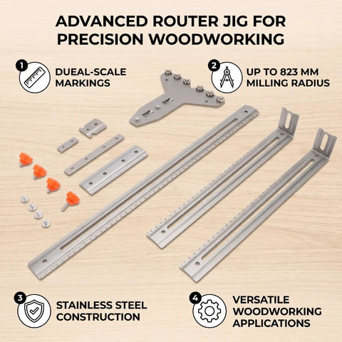 Rock Solid Router Milling Bracket With Adjustable Circle Cutting Jig And Straight Edge Guide Top Shelf Stainless Steel Woodworking Fixture for cabinet crews includes dual-scale markings and parts.