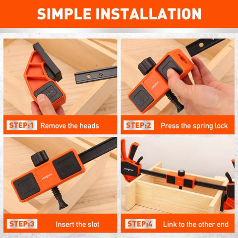 Snap Your Boards Square Fast With This Solid Bar Clamp Leveling Block showing step-by-step installation guide with orange components.