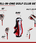 Slick Design Kid Approved Golf Club Set Right Hand Ages 6 To 8 Fully Loaded With Driver Hybrid Irons Stand Bag And Covers In Bright Red, includes driver, hybrid, irons, putter, and bag.