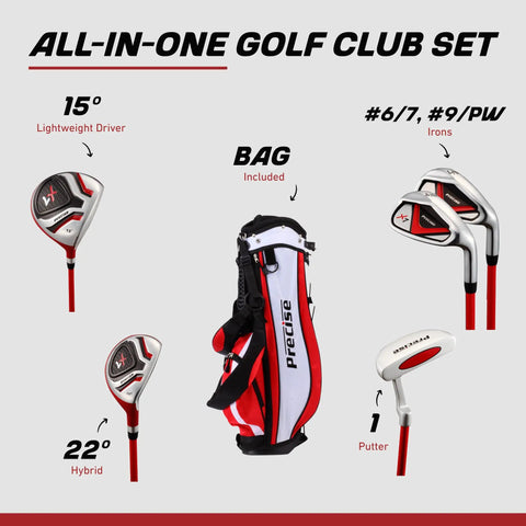 Slick Design Kid Approved Golf Club Set Right Hand Ages 6 To 8 Fully Loaded With Driver Hybrid Irons Stand Bag And Covers In Bright Red, includes driver, hybrid, irons, putter, and bag.