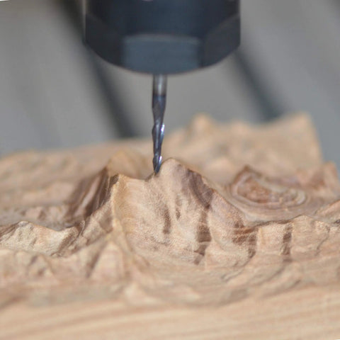 Carbide end mill CNC cutter carving wood; 1/8" shank, ball-nose tip.